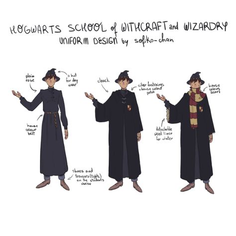 Harry Potter Robes Drawing, Harry Potter Wizard Robes, Uniform Drawing Reference, Hogwarts Uniform Drawing, Wizard Outfit Design, Magic School Uniform Design, Wizarding World Fashion, Harry Potter Cape, Uniform Drawing