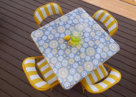 Card Table Makeover | Hometalk Card Table Makeover, Sewing Table Makeover, Backyard Dining Table, Folding Chair Makeover, Revamped Furniture, Diy Chairs, Card Table And Chairs, Editing Room, Vinyl Table Covers