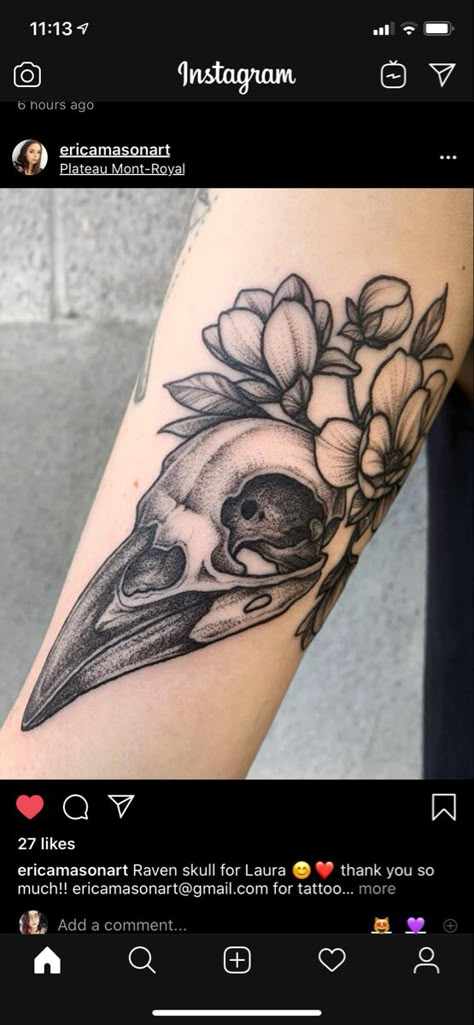 Bird Skull Tattoo Design, Crow Skull Tattoo, Raven Skull Tattoo, Raven Skull Tattoo Flower, Raven Skull With Flowers Tattoo, Bat And Floral Tattoo, Bats And Flowers Tattoo, Mystic Tattoo, Bat Floral Tattoo