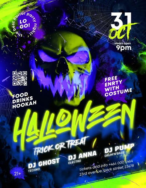 Download the Neon Halloween Party Free Flyer Template for Photoshop! Halloween Club Flyer, Halloween Graphic Design Poster, Halloween Party Flyer Template Free, Halloween Party Poster Design, Halloween Party Flyer Design, Neon Party Poster, Halloween Poster Ideas, Halloween Flyer Design, Neon Halloween Party