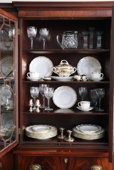 Stemware Display Ideas, Displaying Crystal Glassware Ideas, How To Display Crystal In China Cabinet, Small China Cabinet Display, How To Display Crystal Glassware, Graffiti Cabinet, Styling China Cabinet, Styling A China Cabinet, China Cabinet Display Ideas