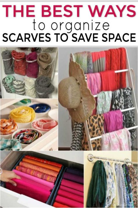 Do you have a ton of scarves but no where to put them? We have creative ways to organize scarves that are easy and budget friendly. Scarf Organizer Ideas, Storing Scarfs Ideas, Folding Scarves Storage, Ways To Store Scarves, Scarves Storage Ideas, Organizing Scarves, Organize Scarves, Storing Scarves, Organize Scarfs Ideas