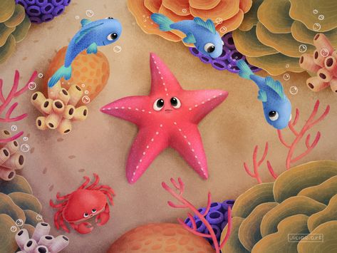 Star Fish Illustration, Starfish Character Design, Underwater Illustration Art, Sea Star Illustration, Starfish Character, Starfish Illustration, Cartoon Starfish, Fish Project, Nemo Cake