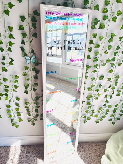 Mirror Encouragement Words, Inspirational Things To Write On Your Mirror, God Says I Am Mirrors, Things To Write On A Mirror, Bible Verse Mirror Ideas, Affirmations To Write On Your Mirror, Mirror With Affirmations, Bible Verses To Write On Your Mirror, Bible Verse On Mirror