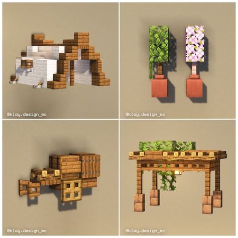 KlayDesign • Minecraft Builder | Here’s 12 OUTDOOR DECORATIONS to decorate you garden/village!! My favorite honestly is the tent! 😍 Let me know what’s your favorite below! … | Instagram Simple Mc Builds, Mincraft Entryway Ideas, Minecraft Thrown Chair, Mincraft Idea Outdoor, Minecraft Quarry Design, Minecraft Staircase Design Inside, Minecraft Ladder Design, Minecraft Decorations Ideas, Minecraft Cart