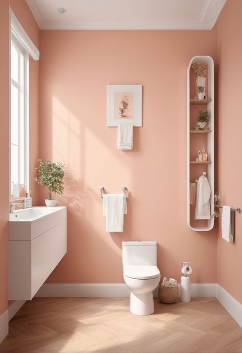 Peach Pink Bathroom, Salmon Color Bathroom, Peach Bathroom Walls, Coral Bathroom Ideas, Peach Bathroom Ideas, Pink Wc, Coral Pink Bathroom, Peach Paint Colors, Hallway Colour Schemes