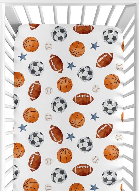 Sweet Jojo Designs Sports Theme Boy Baby Fitted Crib Sheet Infant Newborn Nursery Toddler Bed Room Standard Mattress Watercolor Vintage Sport Themed Soccer Balls Football Baseball Basketball Blue Star Pack N Play Mattress, Mini Crib Bedding, Sports Nursery, Portable Crib, Baby Sheets, Newborn Nursery, Mini Crib Sheets, Crib Toddler Bed, Watercolor Vintage