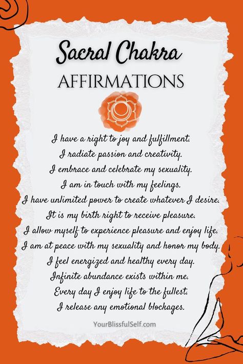 These 50 powerful sacral chakra affirmations will help unblock and balance your sacral chakra. Check them out and grab your FREE printable PDFs with chakra affirmations, chakra posters, and chakra reference charts. All this to assist you on your spiritual journey ❤️☺️ Sacral Chakra Affirmation, Sacral Chakra Healing, Chakra Healing Meditation, Chakra Health, Chakra Affirmations, Healing Affirmations, Affirmation Of The Day, Switch Words, Vision Board Affirmations