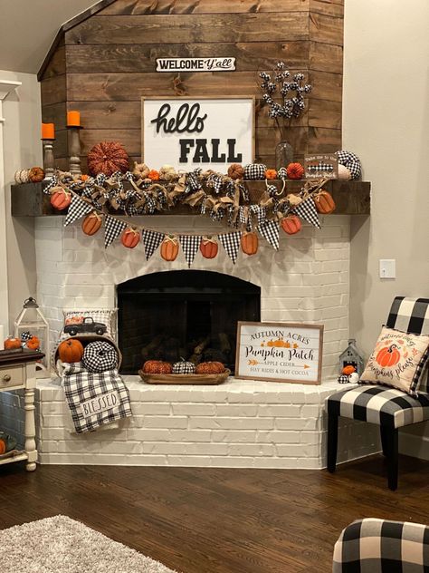 Buffalo Plaid Fall Decor Living Room, Farmhouse Fall And Halloween Decor, Fall Home Decor Hobby Lobby, Fall Mantle Decor Living Room, Fall Decor On Fireplace Mantle, Buffalo Plaid Halloween Decor, Fall Decor Around Fireplace, Fall Fire Mantle Decor, Buffalo Plaid Thanksgiving Decor