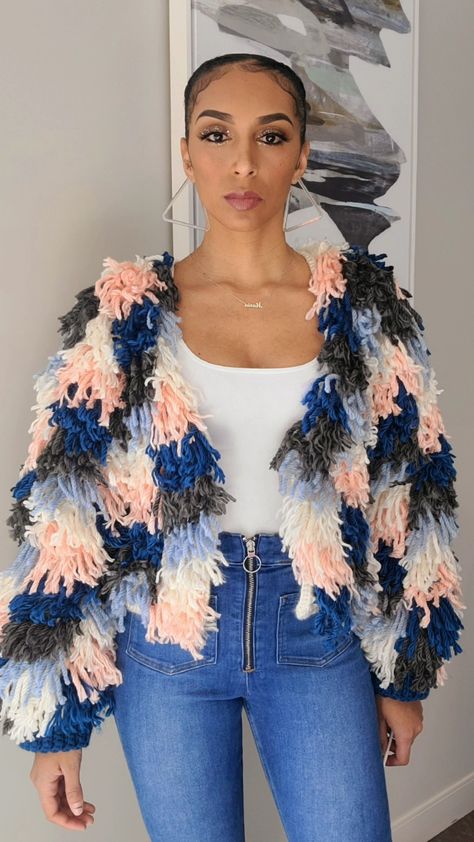 Dressing up or down, this crochet sweater/jacket (swacket) makes a stunning fashion statement. Follow on IG for more. @worstedbehavior Crochet Shaggy Jacket, Crochet Fringe Jacket, Shaggy Jacket, Jacket Ideas, Stunning Fashion, Crochet Fringe, Crochet Work, Crochet Jacket, Fringe Jacket