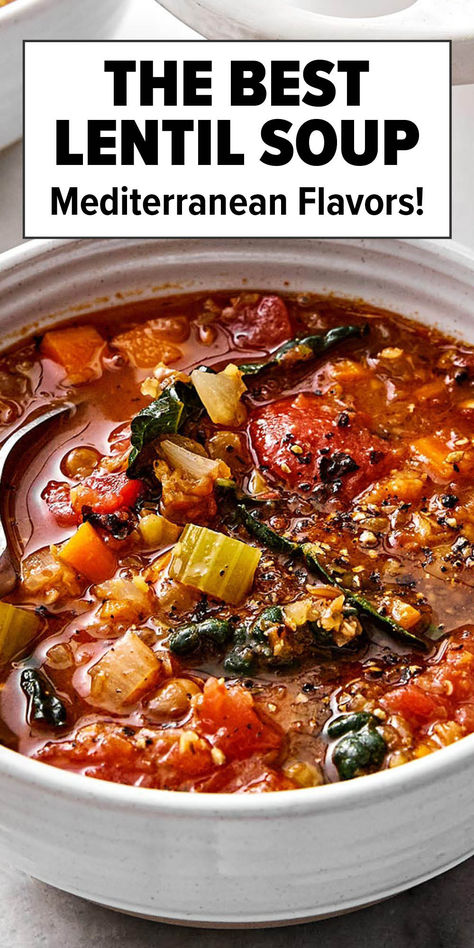 Lentil soup recipe with Mediterranean flavors. Mediterranean Lentil Soup Crockpot, Veggie And Lentil Soup, Dinners With Lentils, Steak And Lentil Soup, Easy Fall Soup Recipes Vegetarian, Mediterranean Recipes Lentils, Meal With Lentils, Sardinia Minestrone Soup Recipe, Best Fall Soups And Stews