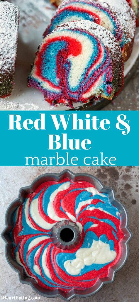 Easy (homemade) 4th of July dessert recipe! This red, white, and blue marble cake is so easy to make! Homemade Fourth Of July Cake, Tear And Share Cupcakes Pull Apart, 4th Of July Bundt Cake Ideas, Low Sugar 4th Of July Desserts, Hello Cake Recipe, Fourth Of July Baking Ideas, Forth Of July Cake Ideas, July 4th Birthday Cake, 4th Of July Tres Leches Cake