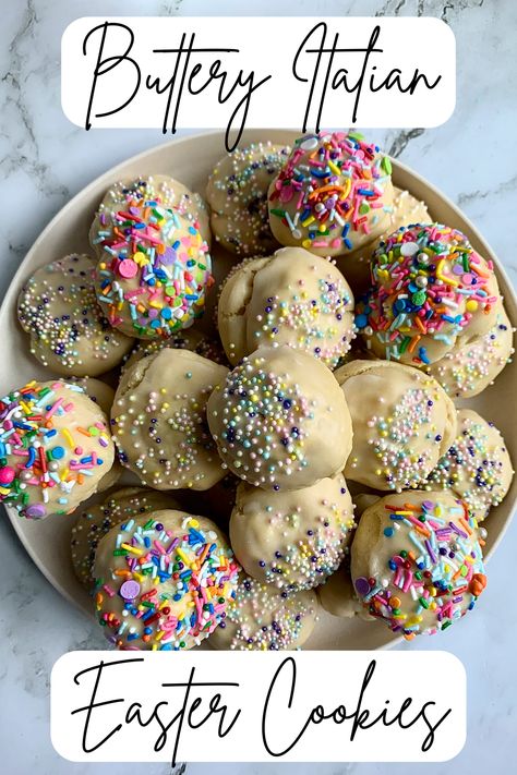 Italian Easter Cookies are super soft, pillowy, buttery, easy to make and decorated with pastel sprinkles – perfect for Easter! #easter #baking #dessert Italian Easter Cookies, Easter Cookie Recipes, Citrus Garnish, Italian Easter, Easter Dinner Recipes, Easter Desserts Recipes, Sugar Glaze, Easter Baking, Italian Cookies