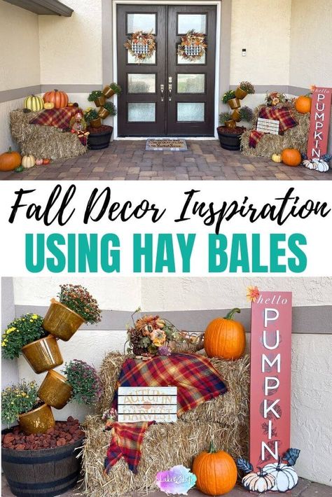 I absolutely love decorating with hay bales! Hay bales are a simple way to add that fall feeling to your holiday decor with very little effort. My fall decorating idea using hay bales is one I go back to year after year. I promise that you will too once you see how easy it is. Come take a look for yourself! Fall Decor With Straw Bales, Fall Decor Hay Bales, Hay Bale Fall, Haybale Decorating, Porch Fall Decorating Ideas, Hay Decor, Porch Fall Decor, Fall Front Porch Decor Ideas, Fall Feeling