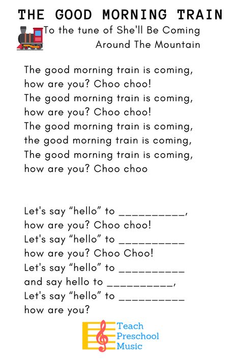 Kids love this train-themed hello song! #preschoolmusic #teachpreschoolmusic #lessonplans Good Morning Prek Songs, Pre K Transition Songs, Transportation Songs For Preschool, Kindergarten Good Morning Song, Preschool Greeting Songs, Welcome Songs For Kindergarten, Greeting Songs For Preschool, Montessori Circle Time Ideas, Fun Preschool Songs