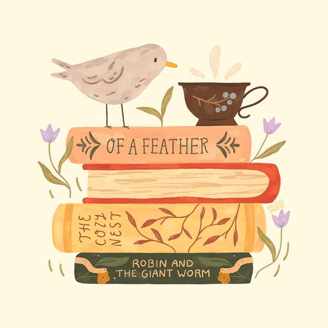 Reading Illustration Aesthetic, Stacked Books Illustration, Cottagecore Illustration Art, Stack Of Books Painting, Books And Tea Aesthetic, Book Stack Drawing, Stack Of Books Drawing, Book Stack Illustration, Cup Of Tea Illustration