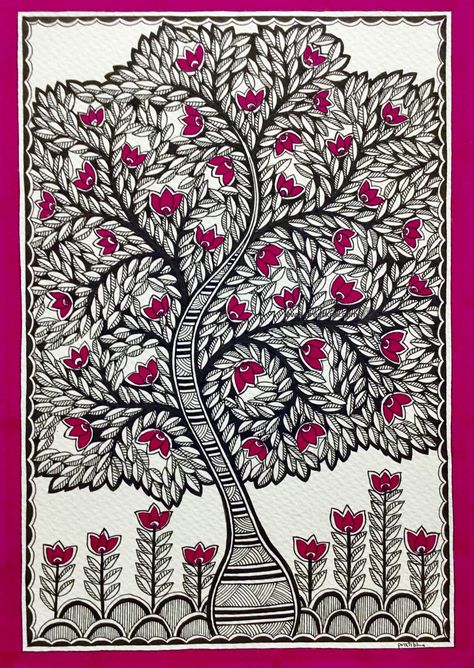 Kalpvriksha- The Tree Of Life 9 (Indian Madhubani Painting) by Pratibha Madan Preetkriti Madhubani Paintings Peacock, Tree Of Life Painting, Gond Painting, Kalamkari Painting, Art Premier, Art Ancien, Madhubani Art, Indian Folk Art, Madhubani Painting