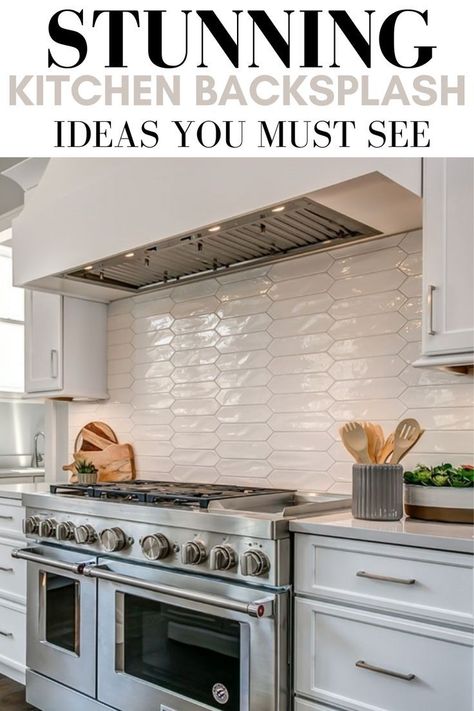 Backsplash Up To Ceiling, Modern Farmhouse Kitchen Backsplash Ideas, Kitchen Backspace Ideas, Kitchen Tile Backsplash Trends 2022, Glossy Backsplash Kitchen, Horizontal Picket Tile Backsplash, Kitchen Backsplashes Ideas, Backsplash Patterns For Kitchen, Popular Backsplash 2023