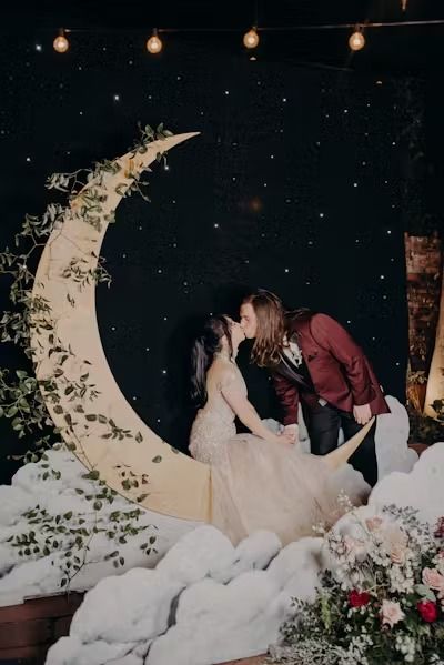 Moody and Romantic Wedding at Carondelet House in Los Angeles, California | Xoxo Weddings | PartySlate Moon Cutout Backdrop, Love You To The Moon And Back Wedding, Paper Moon Photo Booth, Moon Wedding Theme, Alternative Wedding Theme, Celestial Wedding Theme, Harp Music, House In Los Angeles, Baby Shower Venues