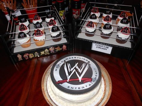 WWE Wrestling Ring Cupcake Display John Cena Birthday, Wwe Birthday Party Ideas, Wwe Cake, Wrestling Birthday Parties, Wrestling Cake, Wrestling Birthday, Wrestling Party, Wwe Birthday Party, Wwe Party