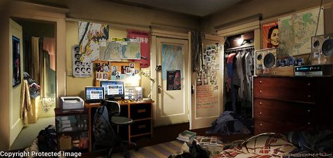 Peter Parker's Room | Gregory Hill Peter Parker Bedroom, Spiderman Bedroom, Peter Parker Andrew Garfield, Spiderman Room, Room Illustration, Parker House, Relaxation Room, Studio Room, Andrew Garfield