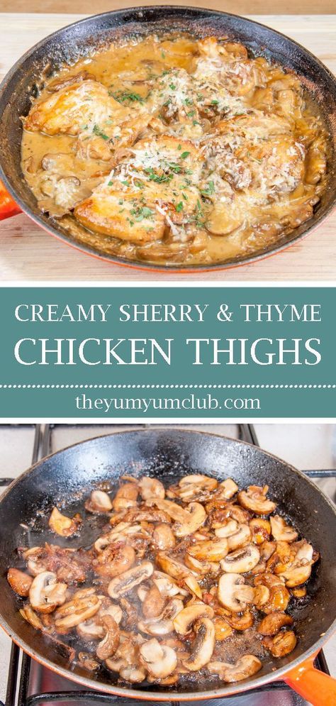 Creamy sherry and thyme chicken thighs. A wonderfully mouthwatering and delicious recipe. Add in wild mushrooms and you have one very special dish. Yum! | theyumyumclub.com  #creamychicken #chickenthighreecipe #creamsherrysauce #chickenthigh #chickenandmushroom #theyumyumclub #sherryandthyme Sherry Chicken, Thyme Chicken, Best Chicken Recipes, Wild Mushrooms, Chicken Thigh Recipes, Creamy Chicken, Chicken Thighs, Main Dish Recipes, Dinner Time