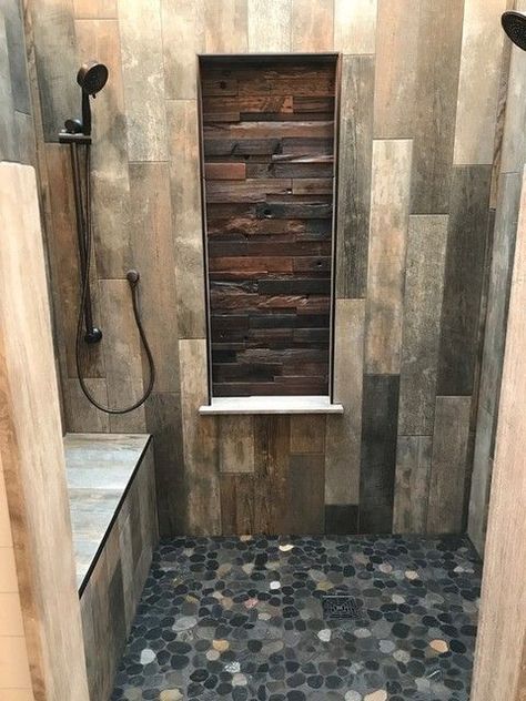 Bathroom organization and decor ideas Master Bath Tub Tile Surround, Tile Shower With Body Jets, Yellowstone Bathroom, Bathroom Remodel Small Space, Cozy Bathrooms, Small Rustic Bathroom Ideas, Mexican Tile Bathroom, Wood Tile Shower, Tiling Ideas