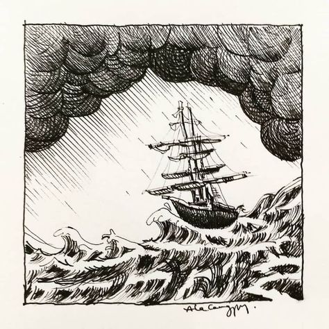 ink drawing Stormy Waves Drawing, Storm Ship Tattoo, Boat In A Storm Drawing, Ship In Storm Painting, Burning Ship Drawing, Ocean Storm Drawing, Ocean Ink Drawing, Stormy Sea Drawing, Boat In A Storm