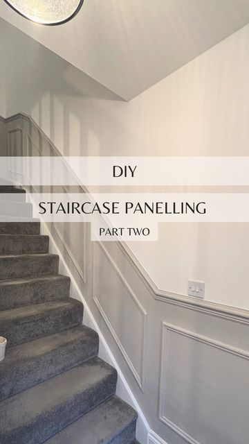 Stairs Wall Panelling Design, Panelled Walls Hallway Staircases, Wall Paneling Ideas For Staircase, Stair Panelling Colour Ideas, Up The Stairs Panneling, Stair Case Panelling, Wood Panelling Staircase, Hall And Stairs Panelling, Hall And Landing Ideas