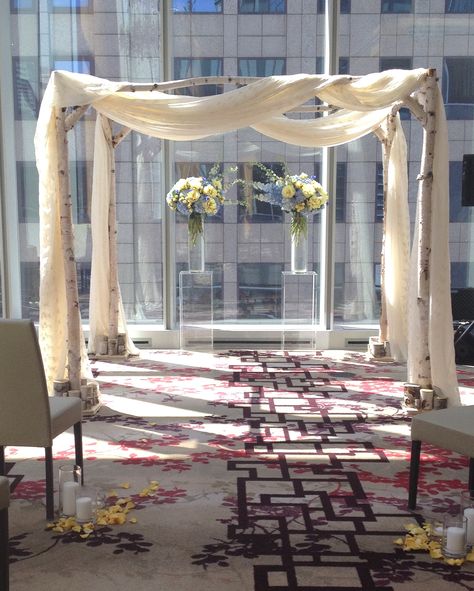 Birch chuppah with soft off-white drapes @Shangri-La Hotel Toronto by www.chuppah.ca Chuppah Drapery, Minimalist Chuppah, Romantic Chuppah, Draped Chuppah, Simple Chuppah, Wedding Arbor Decorations, Birch Chuppah, Chuppah Ideas, Basic Wedding