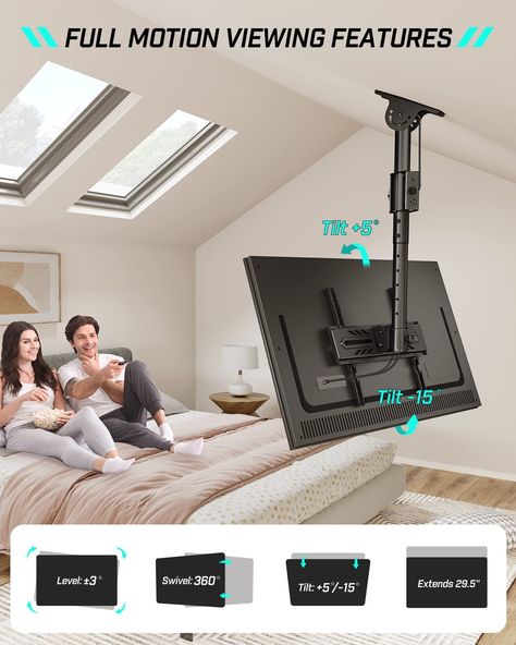 Such a Cool Idea! Grab it now Tv Mount For Slanted Wall, Tv Mount On Slanted Ceiling, Tv Mount On Slanted Wall, Ceiling Mount Swivel Tv, Tv On Swivel Mount, Folding Tv Ceiling Mount, Tv Mounted On Slanted Ceiling, Ceiling Mounted Tv Living Room, Sloped Ceiling Tv Mount