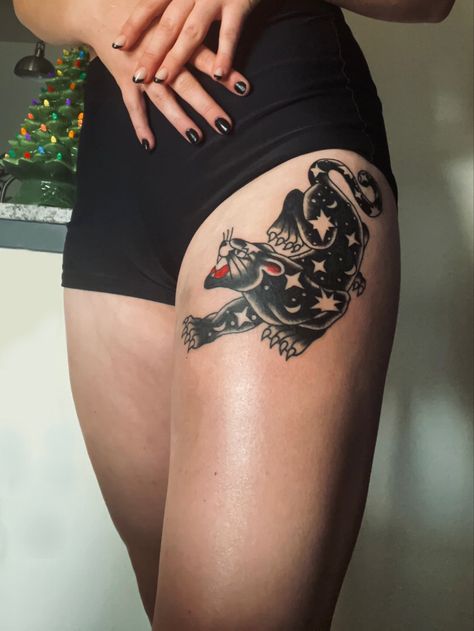 Edgy Sibling Tattoos, Traditional Style Horror Tattoo, Thigh Tattoo American Traditional, Traditional Tattoos Panther, Classic American Tattoos, Traditional Forearm Tattoo, Dark Traditional Tattoo, Traditional Thigh Tattoo, Feminine American Traditional Tattoos