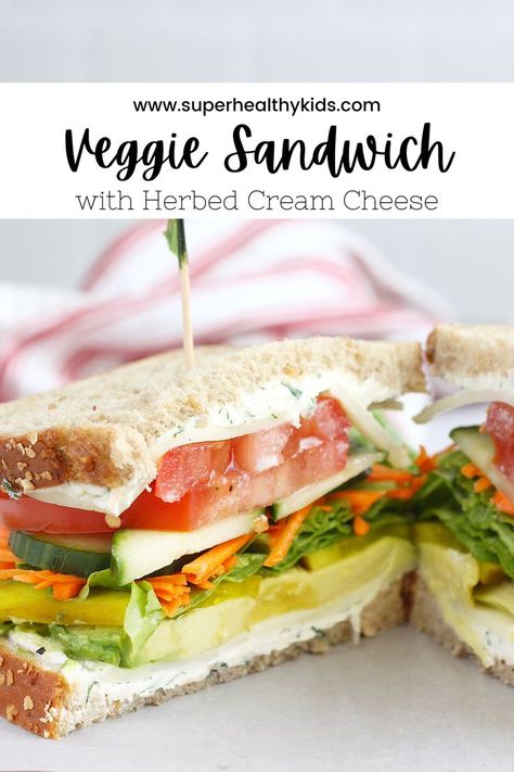 Packed with fresh veggies and a generous layer of homemade herbed cream cheese- this is one Veggie Sandwich that won’t leave you feeling hungry. It’s loaded with flavor and oh-so delicious! #easylunchrecipes #vegetariandinners #sandwichideas Veggie Sandwiches Recipes, Veggie Sandwich With Hummus, Veggie Subs Sandwich, Cream Cheese Veggie Sandwich, Cold Veggie Sandwich, Jimmy Johns Veggie Sandwich Recipe, Veggie Croissant Sandwich, Veggie Wraps Easy, Cream Cheese Sandwich Recipes