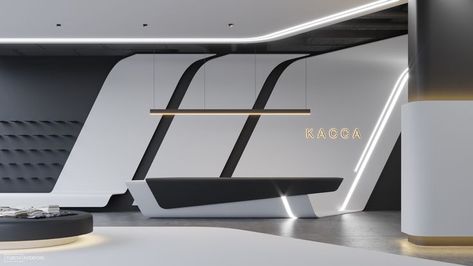 Futuristic interior at the Trekhgornaya Manufactory. Futuristic Reception, Futuristic Office Interior, Futuristic Office Design, Clothing Showroom, Futuristic Office, Futuristic Interior Design, A Clothing Store, Reception Desk Design, Hospital Interior