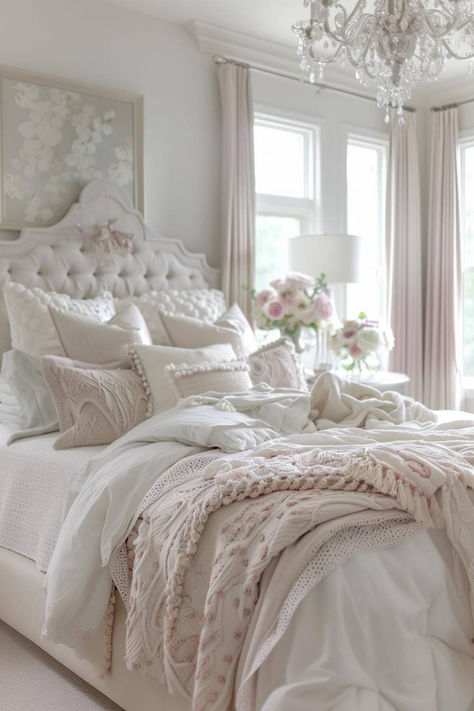 40 Beautiful Neutral Bedroom Designs You'll Fall in Love With Vintage White Bedroom Ideas, Femine Bedroom Ideas Home Decor, Pretty Bedroom Ideas For Women, Blush Bedding Bedroom Ideas, Feminine Bedroom Ideas For Women, Montauk Bedroom, Light Pink And White Bedroom, Romantic White Bedroom, Elegant Guest Bedroom Ideas