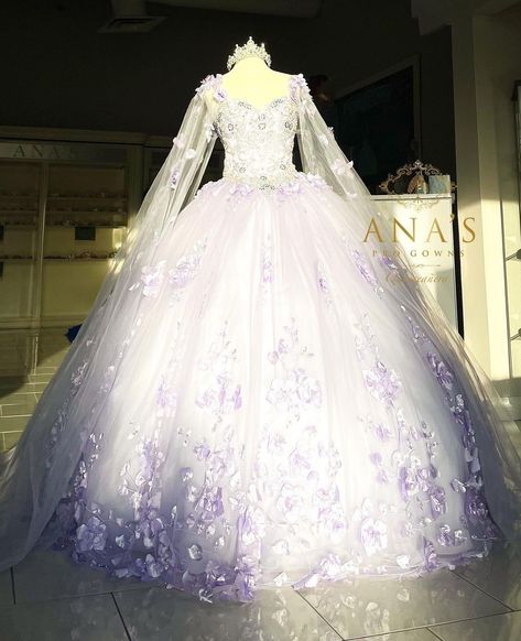 Purple Aesthetic Quince Dress, 15 Dresses Purple, Wedding Dresses Tangled, White Quinceanera Dresses With Purple Flowers, White And Purple Quince Dress, White And Lilac Wedding Dress, White And Lavender Wedding Dress, Wedding Dresses Purple And White, Purple And White Quinceanera Dresses