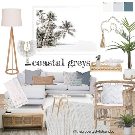 Coastal Indoor Plants Beach Houses, Beach House Grey Couch, Coastal Nook Ideas, Grey Couch Beach Living Room, Northern Coastal Decor, Coastal Chic Apartment, Coastal Grey Bedroom, Scandi Beach House Interior Design, Modern Coastal Decor Living Room Casual