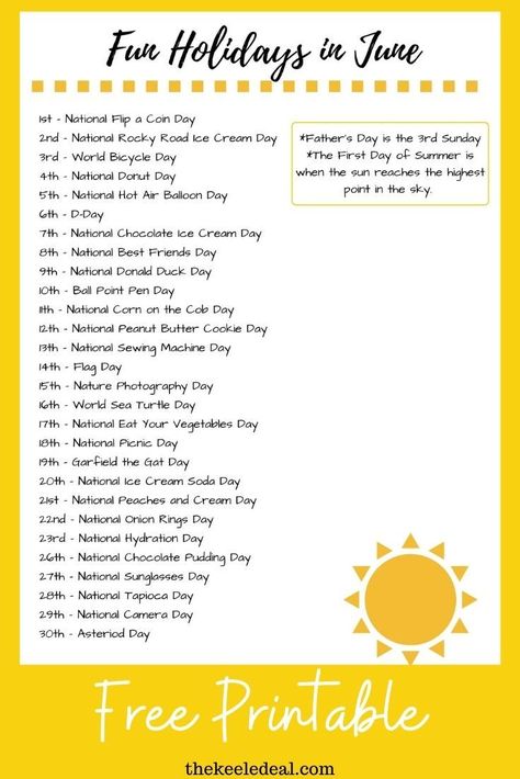 Fun and Wacky Holidays in June - free printable list of fun national days to celebrate with your kids in June. Silly National Holidays, June Holidays 2024, June National Days 2024, May Holidays 2024, National Days Calendar 2023, Things To Do In June, List Of National Days, National Celebration Days, Monthly Holidays