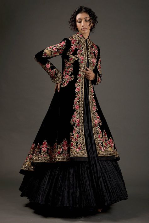 Shop for Rohit Bal Black Silk Velvet Embroidered Long Jacket for Women Online at Aza Fashions Fancy Maxi Dresses, Long Jacket For Women, Fancy Maxi, Fancy Maxi Dress, Long Jacket Dresses, Long Jackets For Women, Stylish Maxi Dress, Velvet Dress Designs, Maxi Dress Collection