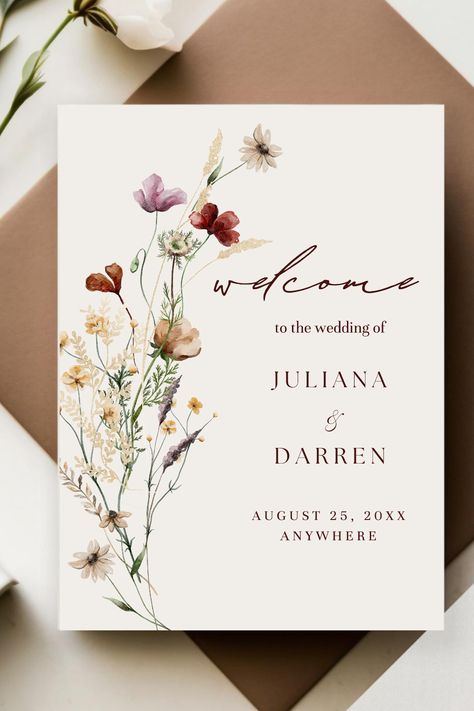 EDITABLE Wildflowers Wedding Welcome Sign Template Canva Edit Floral Wedding Reception Sign Instant Download Printable Poster Juliana  #wedding #welcomewedding #wildflowerwelcome #floralmeadow #weddingdecors #weddingreception #tabletopsigns #beigebohoflowers #instantdownload Invitation Wedding Design, Wedding Welcome Card, Floral Card Design, Wedding Invitation Flower, Wedding Poster Design, Graphic Wedding Invitations, Reception Invite, Floral Wedding Reception, Hindu Wedding Invitation Cards