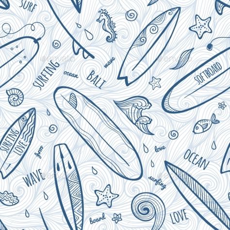 Light Blue Doodle Surfing Boards Seamless Pattern Wave Doodle, Surf Wave, Hawaiian Summer, 타이포그래피 포스터 디자인, Doodle Designs, Surfing Waves, Petrol Blue, Water Resistant Fabric, Slate Blue