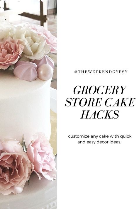 Cute ideas for decorating a plain grocery store cake. Perfect way to customize a cake for birthdays, engagements, holidays, and any occasion. All the fun of cake decorating without any of the baking! via @theweekendgypsy Redecorated Store Bought Cake, Upcycling, Transform A Store Bought Cake, Store Bought Cake Decorating Hacks, Store Bought Cake Hacks, How To Decorate Store Bought Cake, Redo Store Bought Cake, Walmart Cake Makeover, Grocery Store Cake Hack