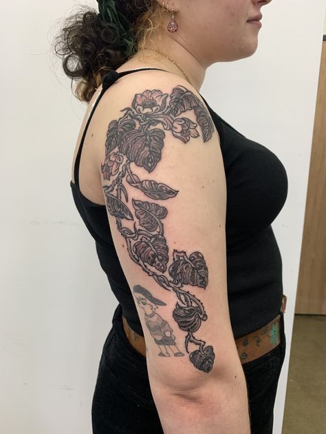 On instagram~ @ andersonstreettattoo @ steadyteddytattoo #tattoo #blackandgreytattoo #linework #plants #pothos #flowertattoos Tattoos, Tatting, Ivy, Devils Ivy Tattoo, Pothos Tattoo, Plants Pothos, Ivy Tattoo, Devils Ivy, Flower Tattoo