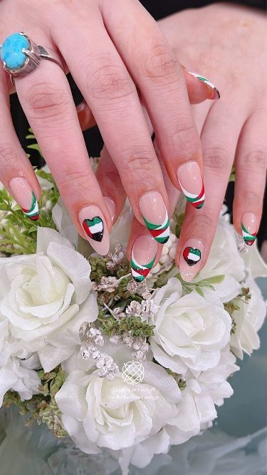 Uae Flag Day, Nails Biab, Nail Inspired, Uae Flag, Acrylic Nails Almond Shape, Flag Nails, Nails Almond Shape, Acrylic Nails Almond, Uae National Day