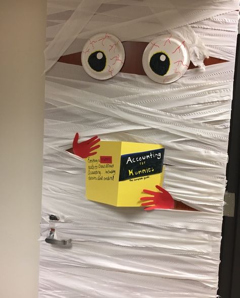 Accounting for Mummies Halloween Door Decoration #mummydoor #halloween College Dorm Door Halloween Decorations, Halloween Door Decorations For Office, Mummy Doors For Halloween, Mummy Door Decoration, Mummy Halloween Door Decorations, Halloween Door Contest Ideas, Mummy Front Door, Halloween Door Decorations Contest, Mummy Door