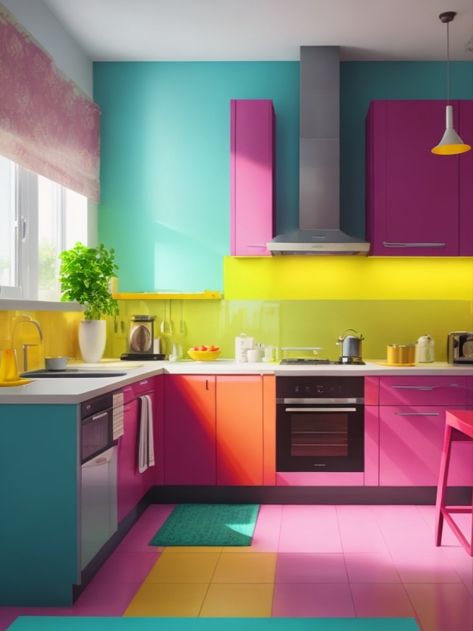 "Experience the joy of cooking in a vibrant world. Our modular kitchen blends style and functionality in a burst of colors. Your culinary canvas awaits!" Multi Colour Kitchen, Colourful Kitchen Appliances, Primary Color Kitchen, Primary Colour Kitchen, Vibrant Cafe Interior, Colourful Kitchen, Kitchen Room, Interior Architecture, Room Decor