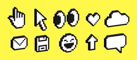 Set of 3d pixel art icons of emoji, arrow, cloud, eye, heart, email. Pack of pixelated emoji icons. 8-bit retro illustration of emoticons. Pixel Emoji, 3d Pixel Art, 3d Pixel, Heart Tree, Logo Banners, Cityscape Photos, Retro Illustration, Art Icon, Background Banner