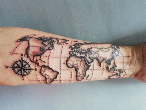 Geometric World Map Tattoo, Map Of The World Tattoo, World Map Tattoo Sleeve, World Map Tattoo, World Map Tattoos, Usa Tattoo, Geometric Sleeve Tattoo, Map Tattoos, New Tattoo Designs