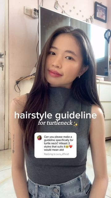 hi I’m Audrey🤍 on Instagram: "simple hair guideline for wearing turtleneck👧🏼✨ the big no hairstyle for turtleneck is high bun, it will make you look chubbier and shorter❌ don’t forget to save and follow @hi.audreyy 🫶🏻 • • • #hairstyle #hairtheory ##outfitinspo #fitcheck #outfit #style #fashion #fashiontrends #ootdindo" Hairstyles To Wear With Turtlenecks, Hair For Turtleneck, How To Style Hair With Turtleneck, Hair Styles For Turtle Neck Top, Hairstyles With Turtlenecks, Hairstyle For Turtle Neck Outfit, Hairstyles For Turtlenecks, High Neck Hairstyles, Turtleneck Hairstyle