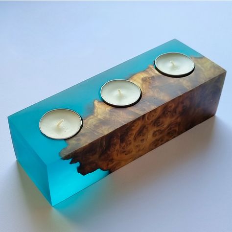 How to make wood and resin candle holder on youtube channel Resin Wood Projects, Unique Epoxy Resin Ideas, Resin Candle Holder Diy, Epoxy Candle Holder, Epoxy Resin Candle Holders, Tea Candle Holders Diy, Resin Candle Holder, Resin T Light Holder, Resin Tea Light Holder